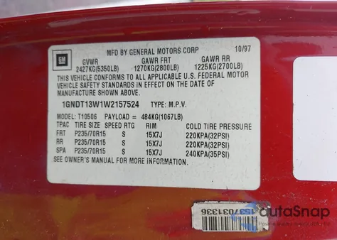 1998 Chevrolet Blazer Ls из США, поврежденный, VIN 1GNDT13W1W2157524